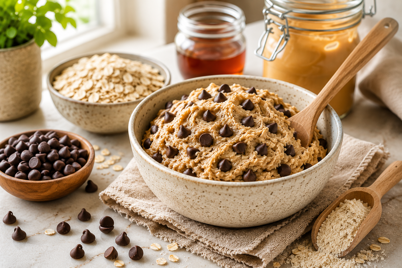 Dairy free cookie dough made with oat flour, maple syrup, and dairy free chocolate chips.