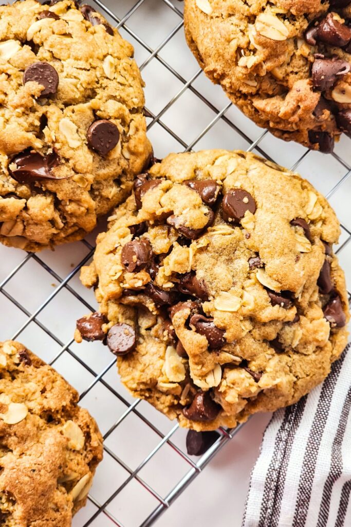 Stack of dairy free oatmeal cookies with chocolate chips