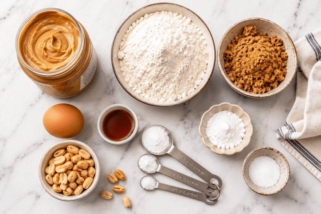 Ingredients for dairy free peanut butter cookies including peanut butter flour brown sugar egg vanilla and baking soda