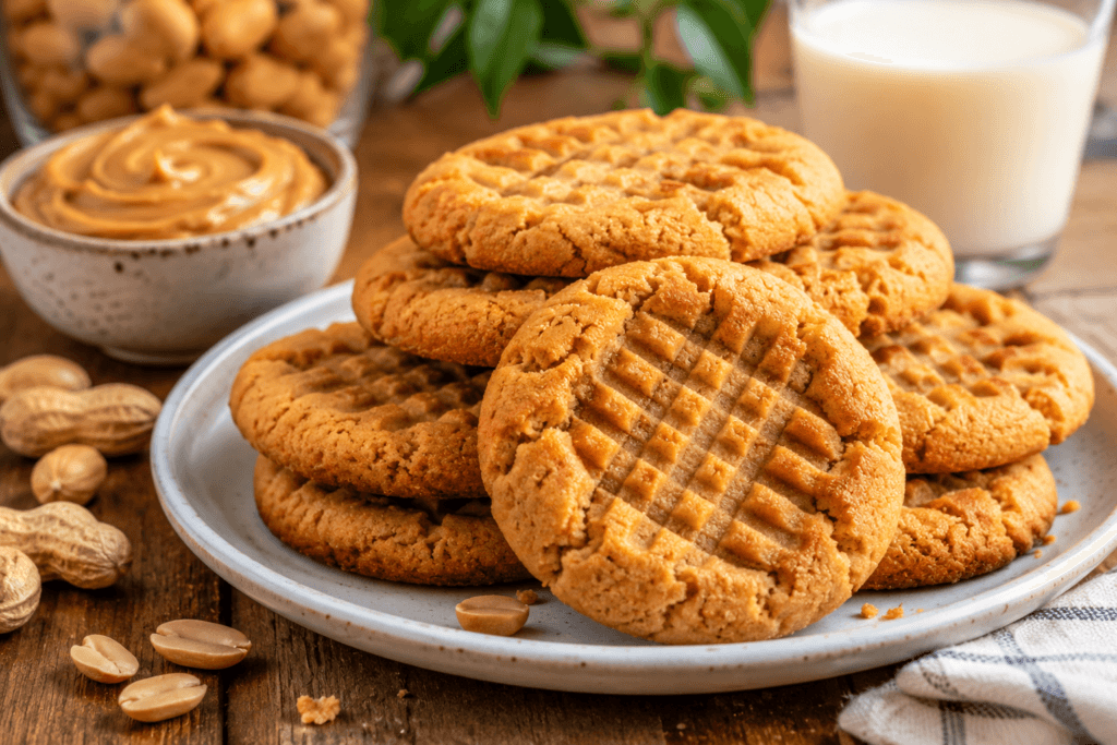 Soft and chewy dairy free peanut butter cookies stacked on a plate with a glass of dairy-free milk