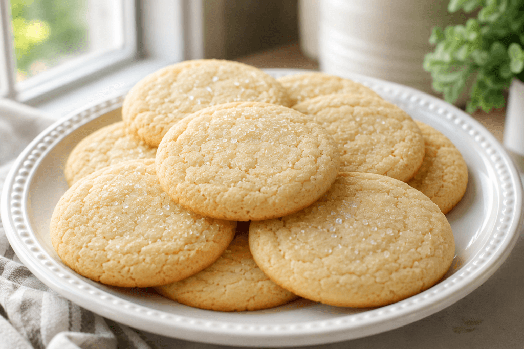Soft and chewy dairy free sugar cookies served on a white plate with a golden finish