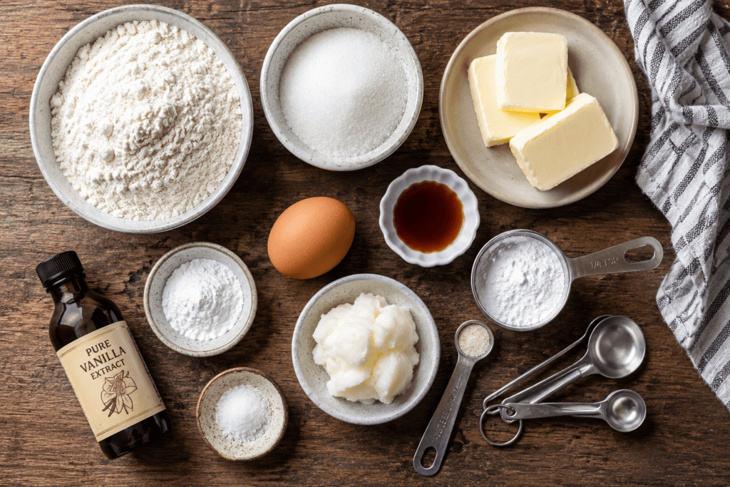 Baking ingredients arranged for homemade sugar cookie preparation on a wooden table