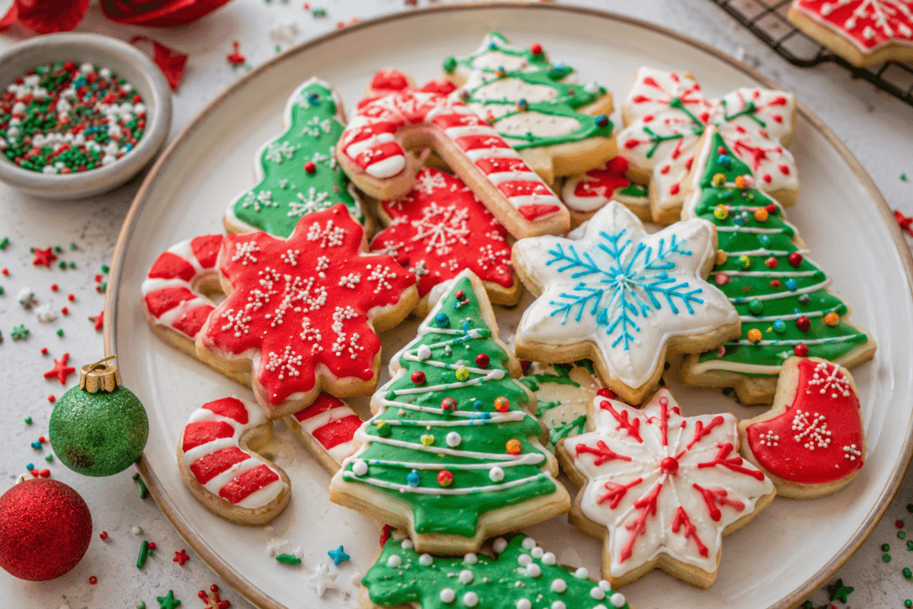 Decorated holiday cookies with colorful icing and festive sprinkles