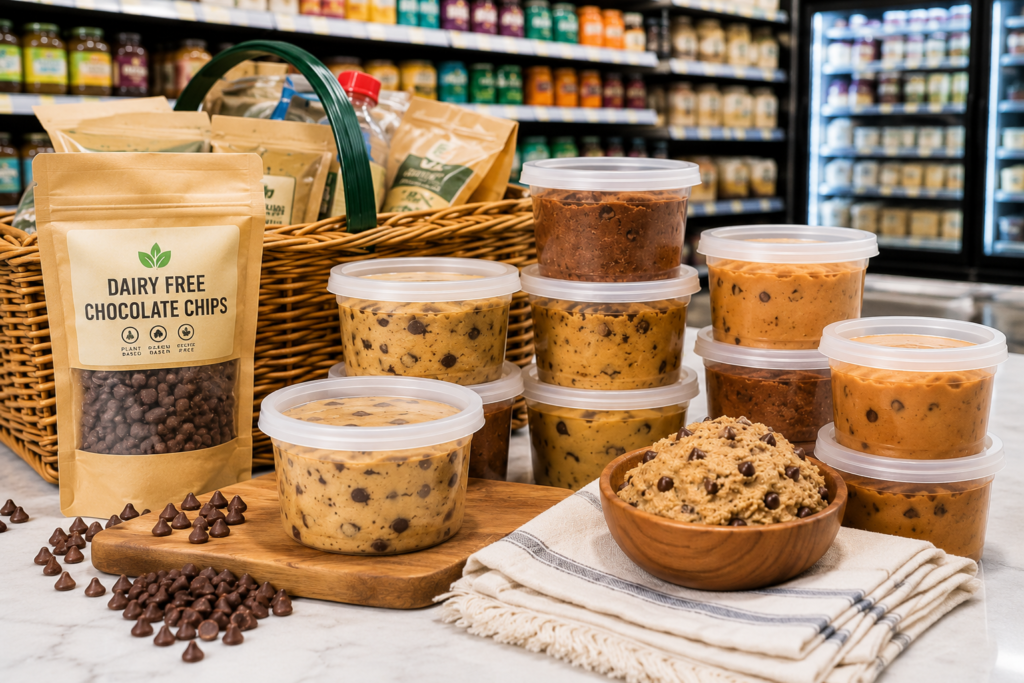 Spoon scooping edible dairy free cookie dough.