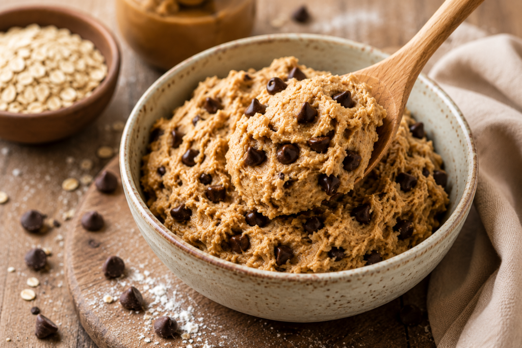Spoon scooping edible dairy free cookie dough.
