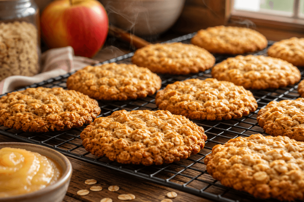 Fresh applesauce oatmeal cookies cooling on a wire rack