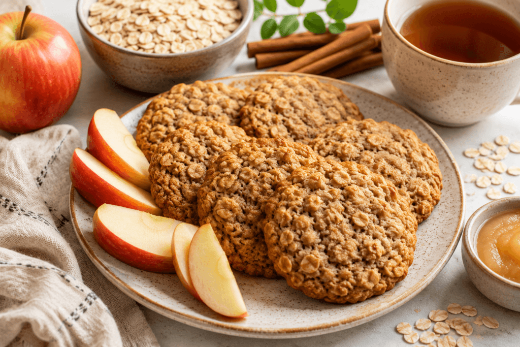 Healthy applesauce oatmeal cookies served with apples and oats