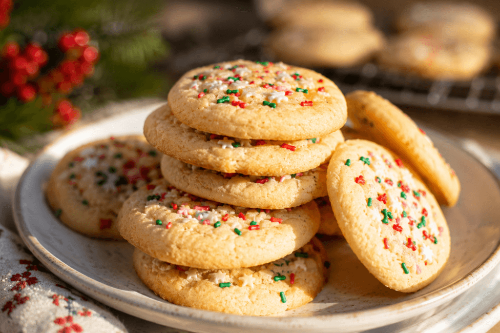 Homemade dairy free sugar cookies stacked on a serving plate ready to enjoy