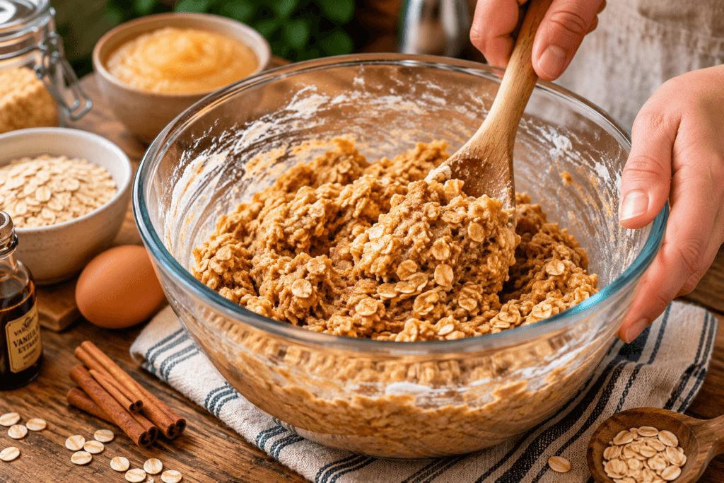Mixing applesauce oatmeal cookie dough in a bowl