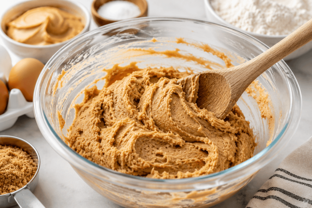 Homemade dairy free peanut butter cookie dough being mixed in a bowl before baking