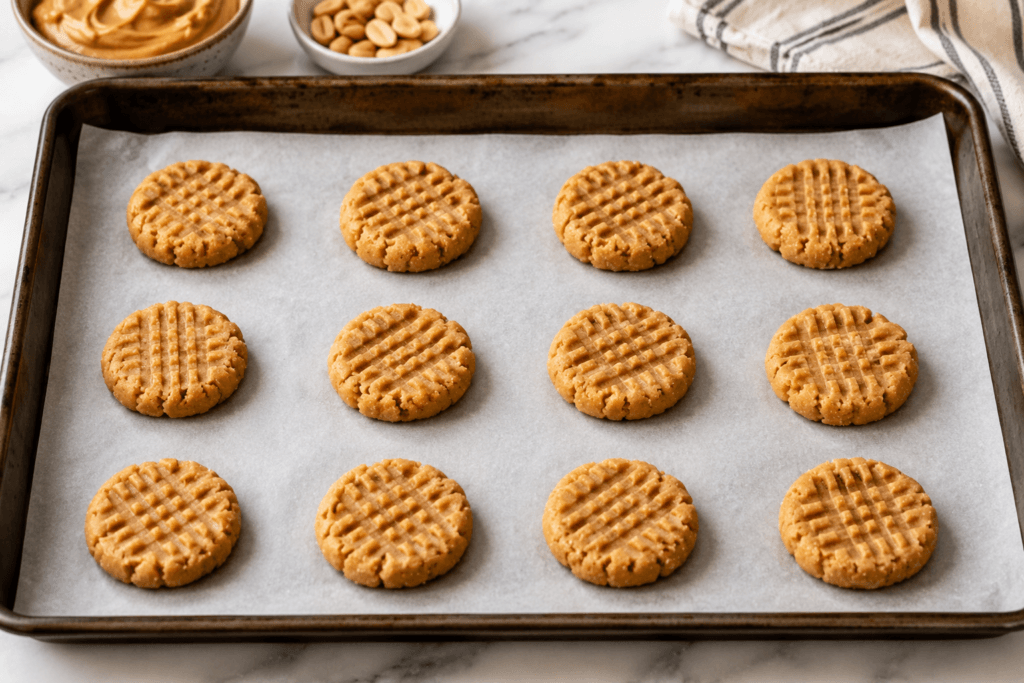 Dairy free peanut butter cookie dough balls with fork marks arranged on a baking sheet