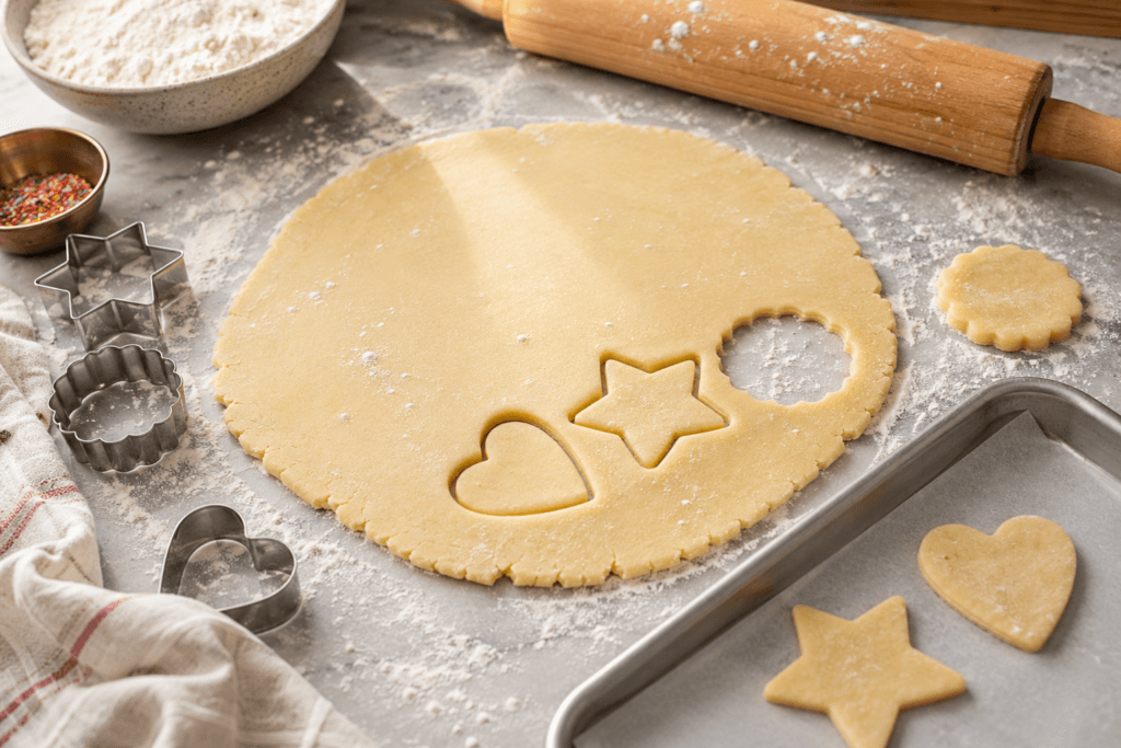 Rolled sugar cookie dough with cookie cutters and rolling pin on a floured countertop