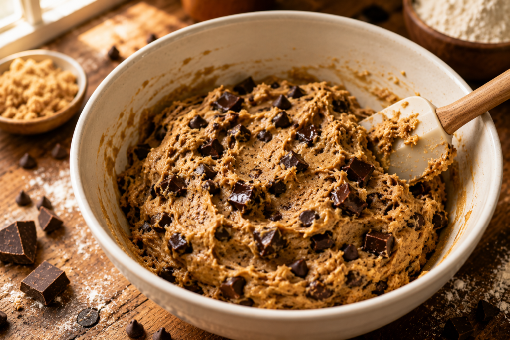 Brown butter chocolate chip cookie dough with chocolate chunks in a white mixing bowl.