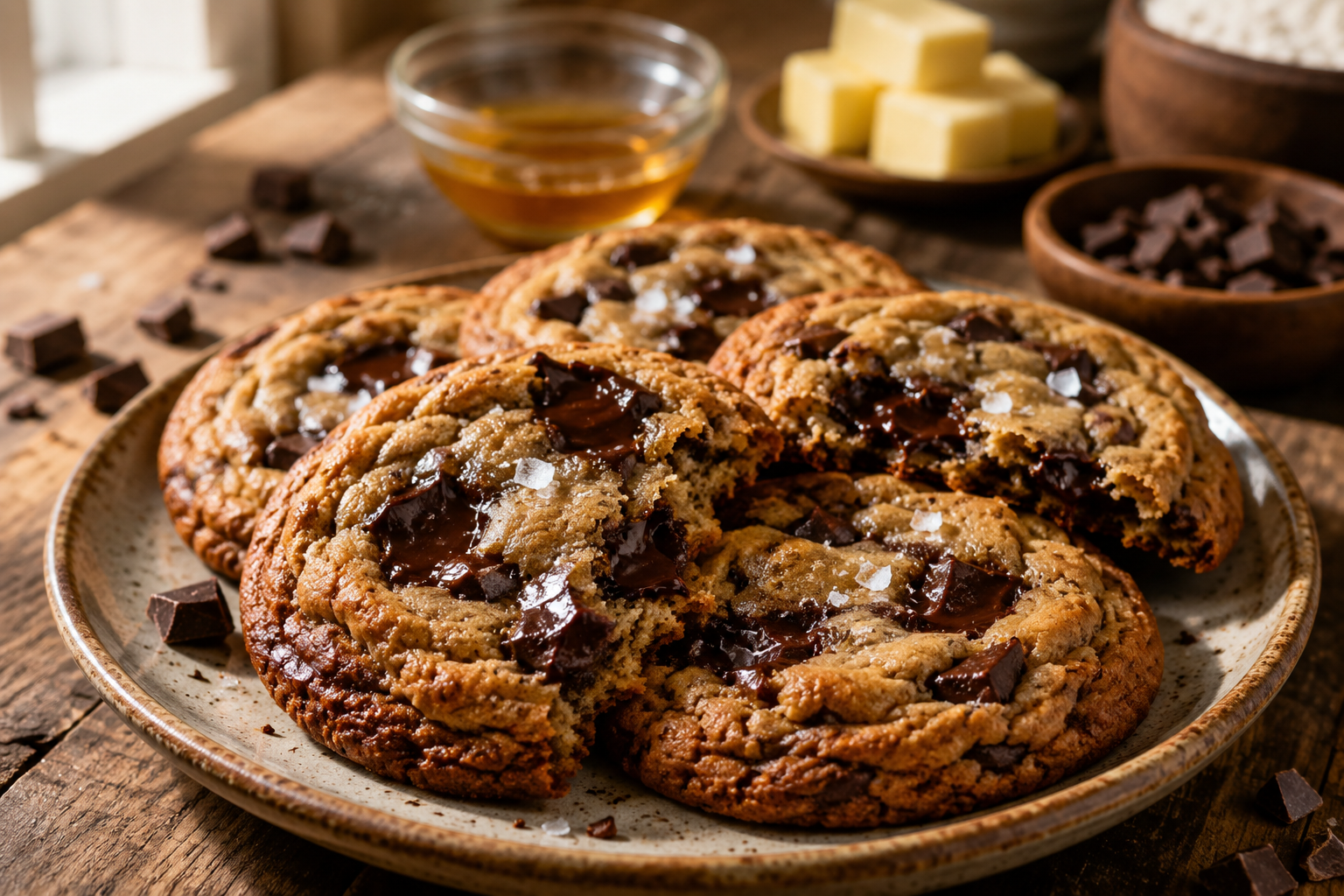 Brown butter chocolate chip cookies on a ceramic plate with melted chocolate chunks and flaky sea salt.