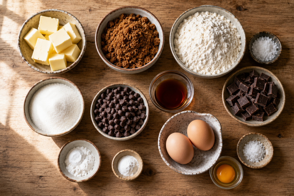 Measured ingredients for brown butter chocolate chip cookies arranged on a wooden table.