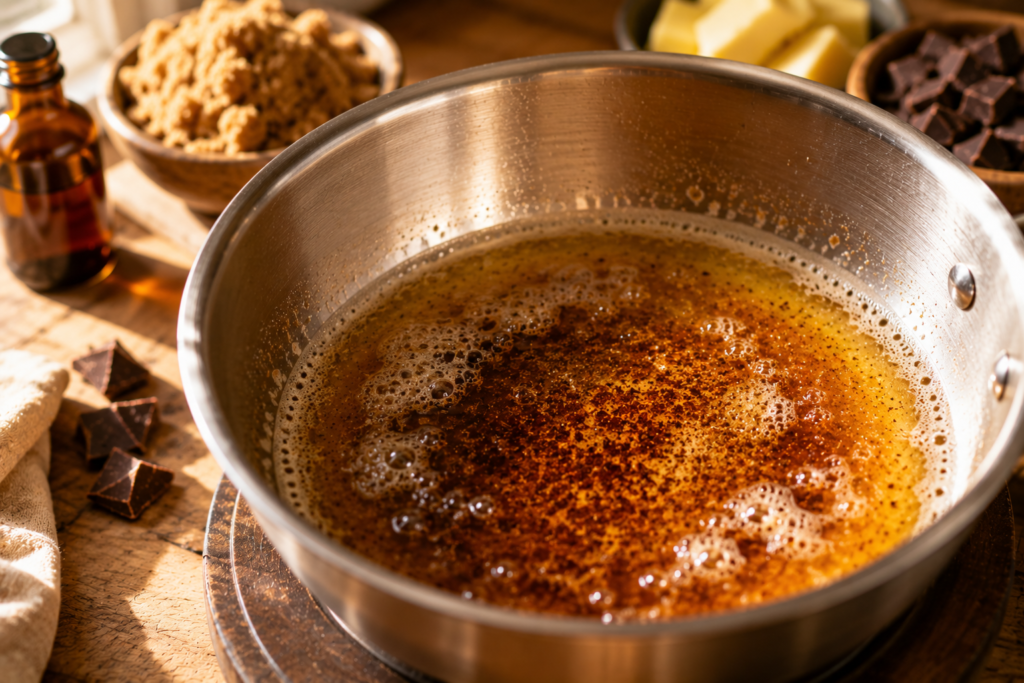 Close-up of perfectly browned butter with toasted milk solids in a stainless steel saucepan.