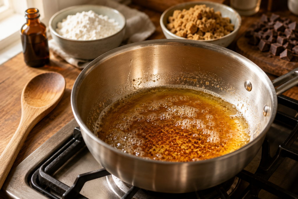 Amber brown butter with toasted milk solids in a light-colored saucepan.