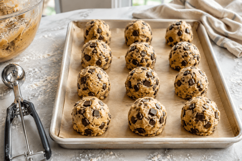 Tall bakery style chocolate chip cookie dough balls before baking