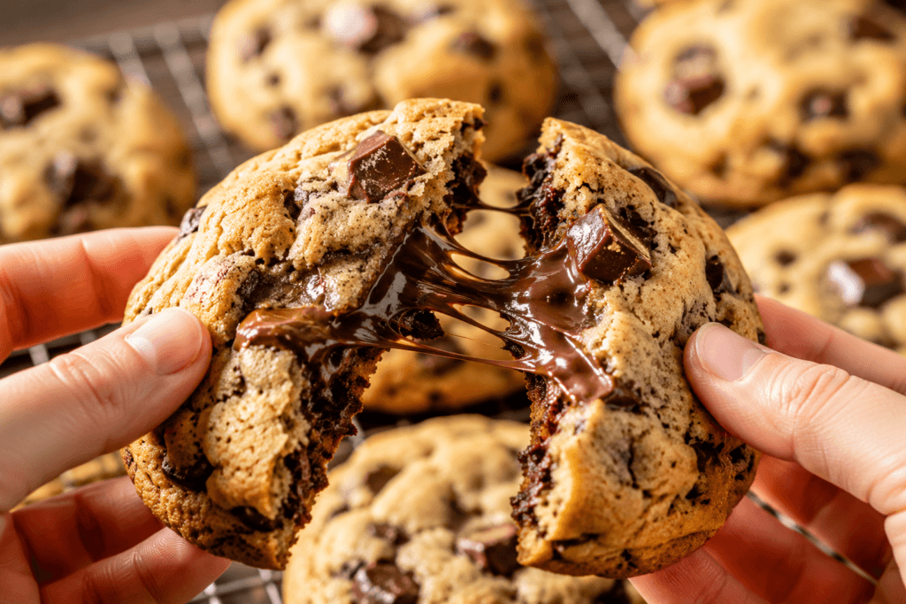 Bakery style thick chocolate chip cookie pulled apart with melted chocolate