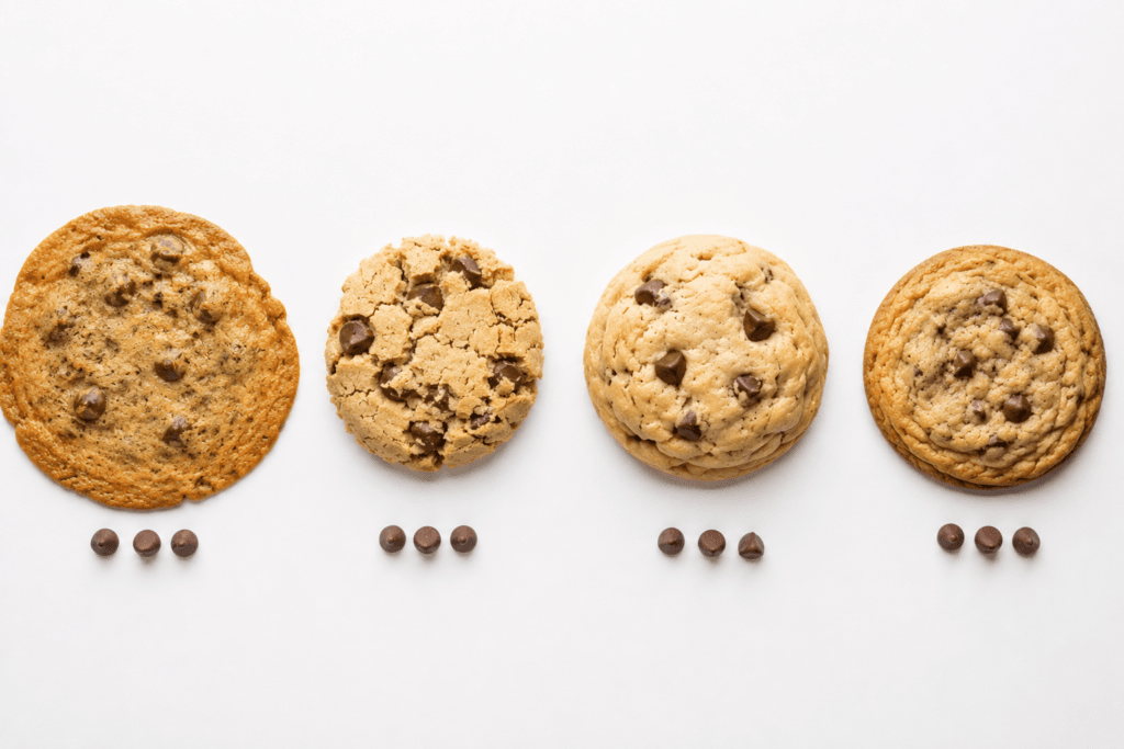 Common chocolate chip cookie baking mistakes and perfect cookies.