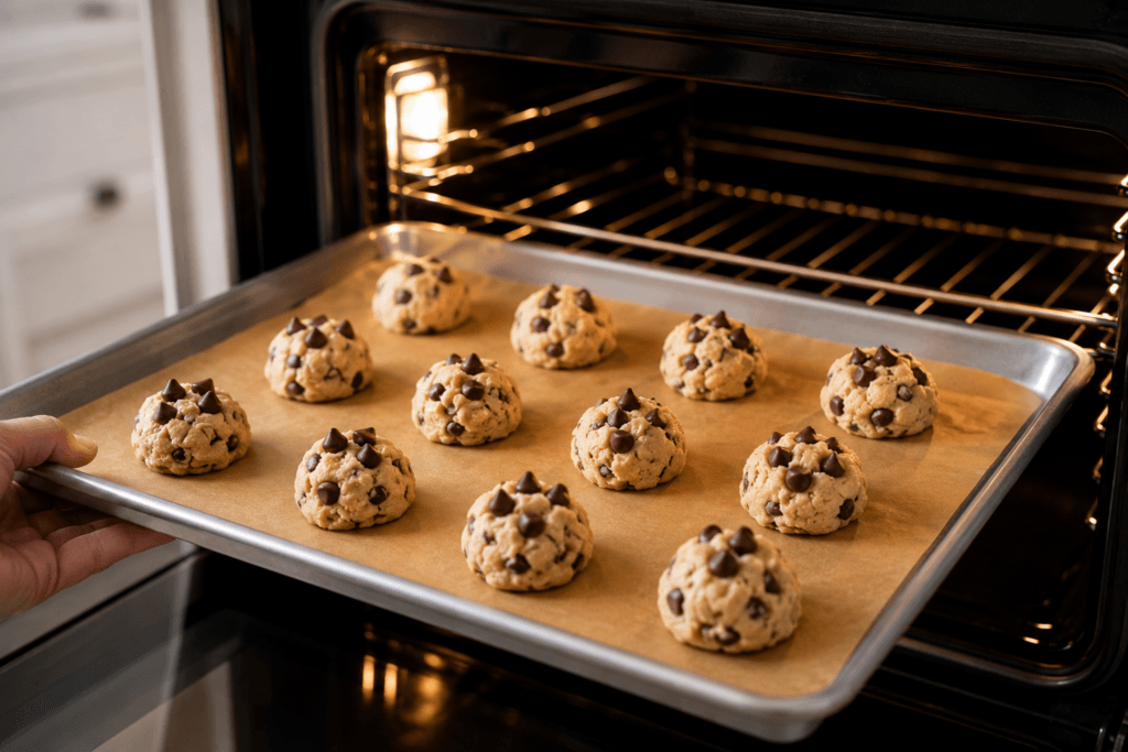 Chocolate chip cookie dough ready for baking.