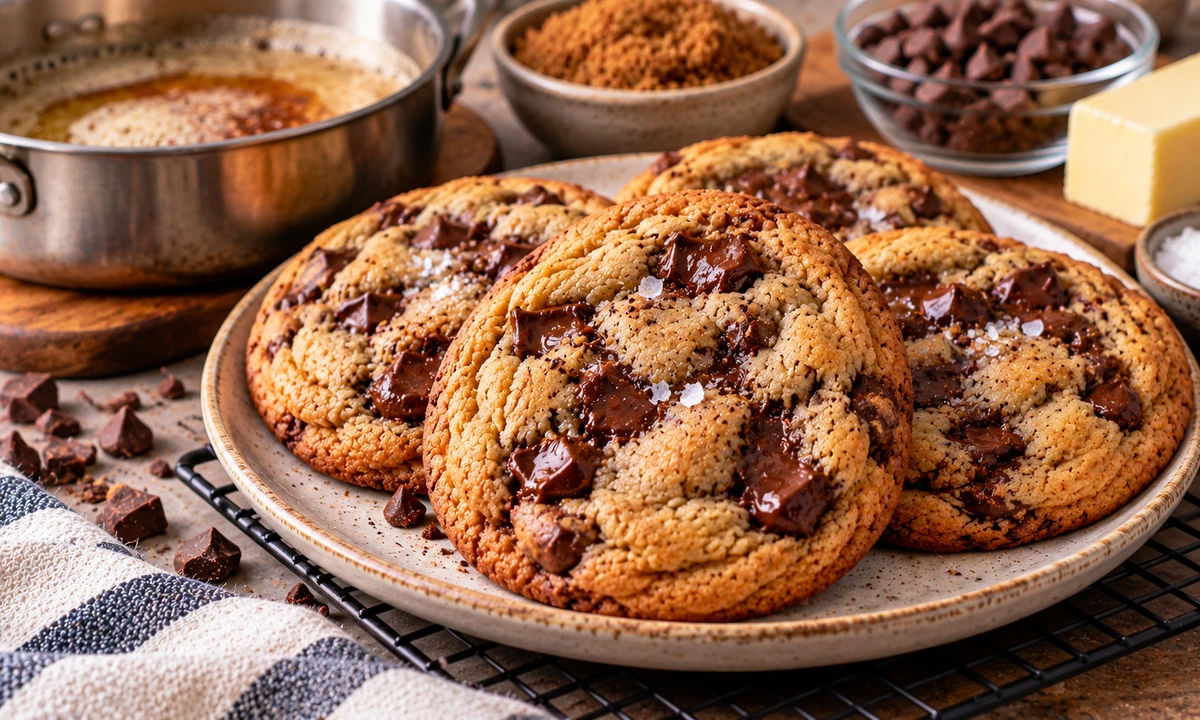 Brown butter chocolate chip cookies with crisp edges and melted chocolate