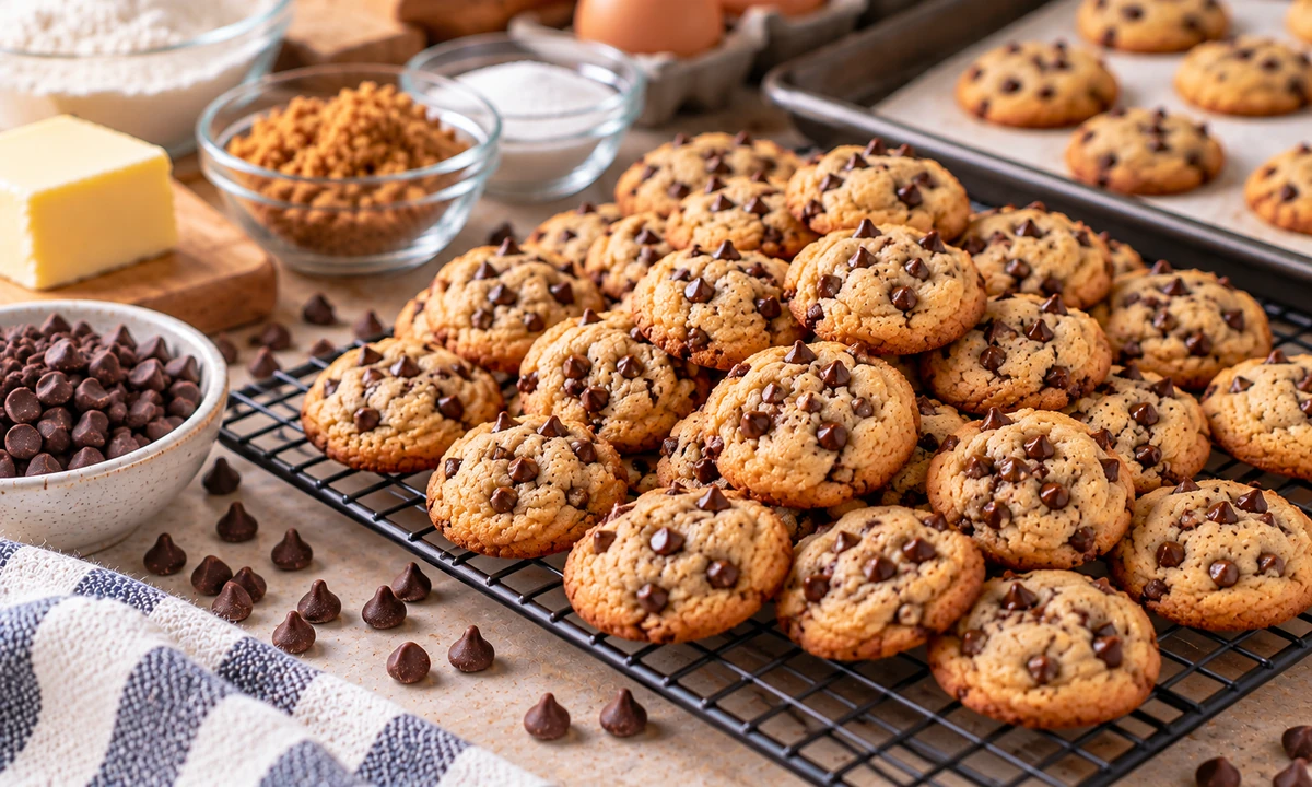 Mini chocolate chip cookies with golden edges and mini chocolate chips