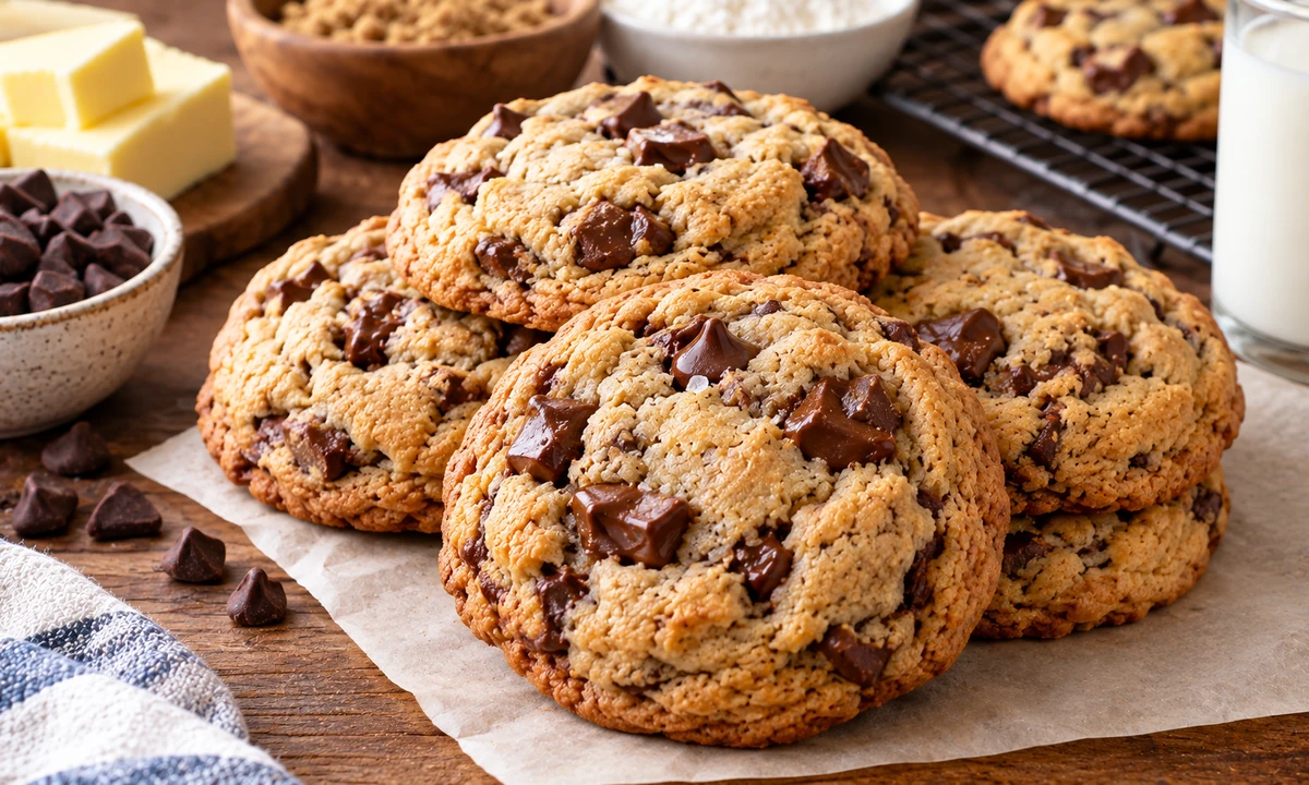 Thick chocolate chip cookies with gooey centers and golden edges