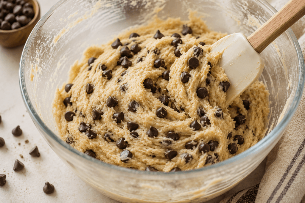 Folding chocolate chips into cookie dough with a spatula