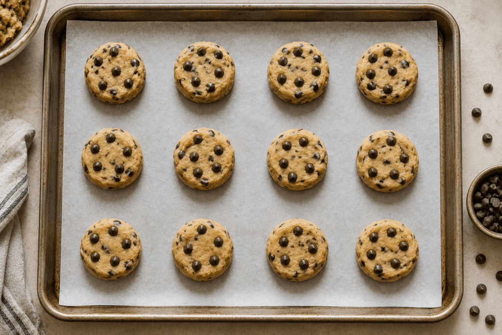 Cookie dough balls spaced on a parchment-lined baking tray