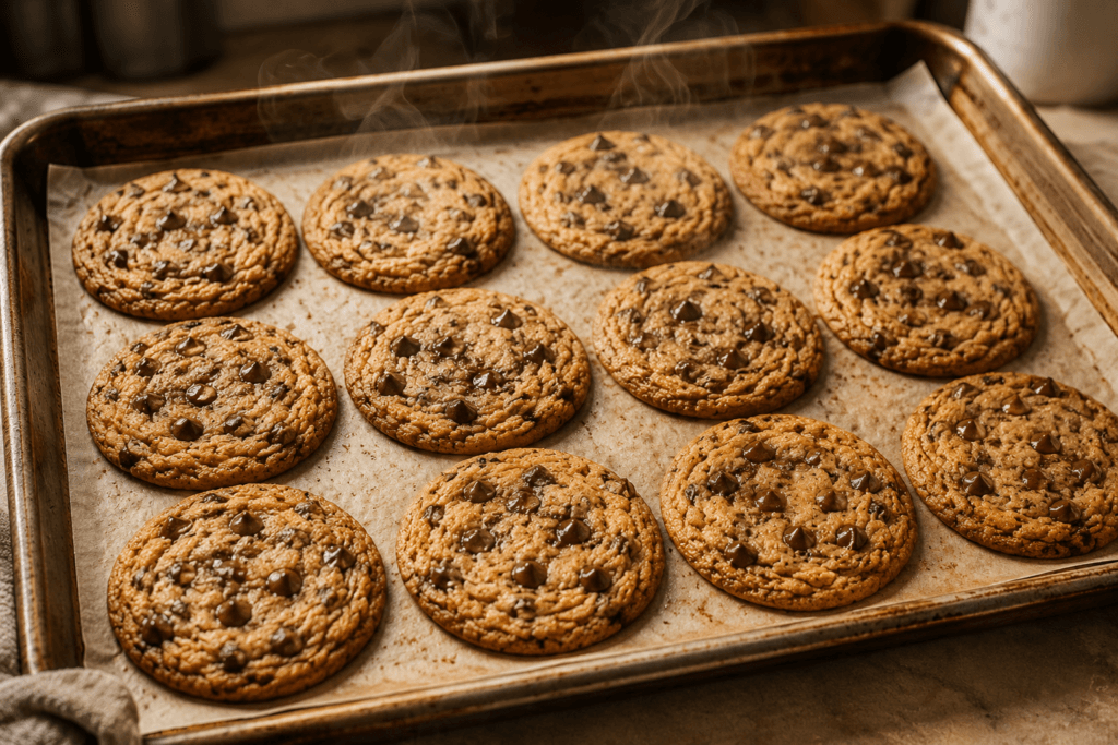 Golden brown cookies fresh out of the oven on a baking tray