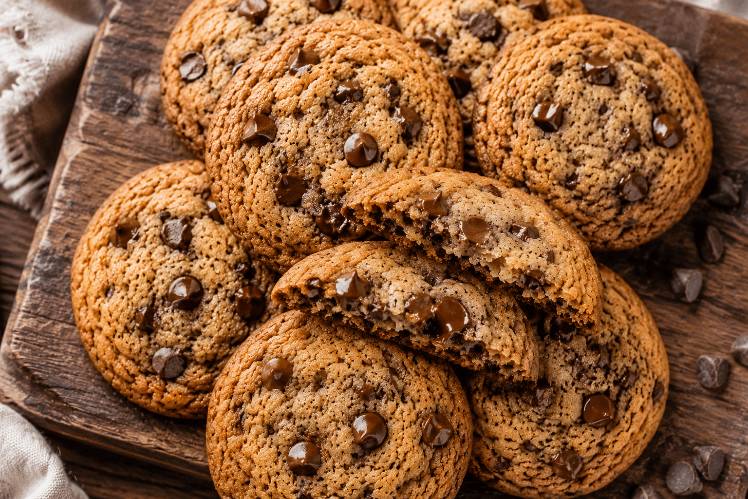 Stack of crispy chocolate chip cookies with melted chocolate chips on a wooden board