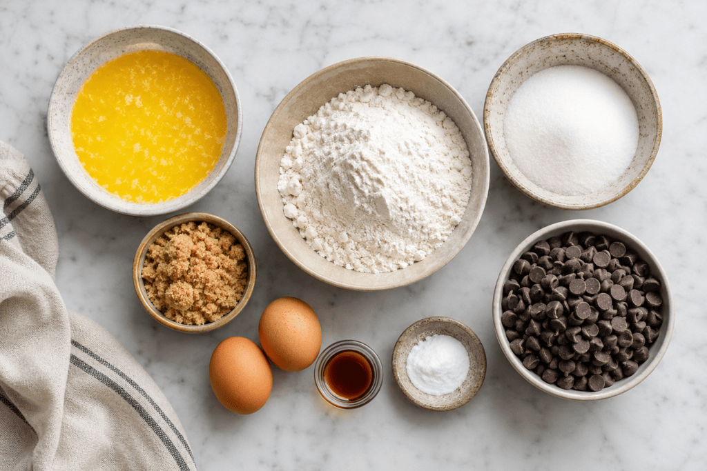 Butter, sugar, eggs, and chocolate chips measured out for cookie dough