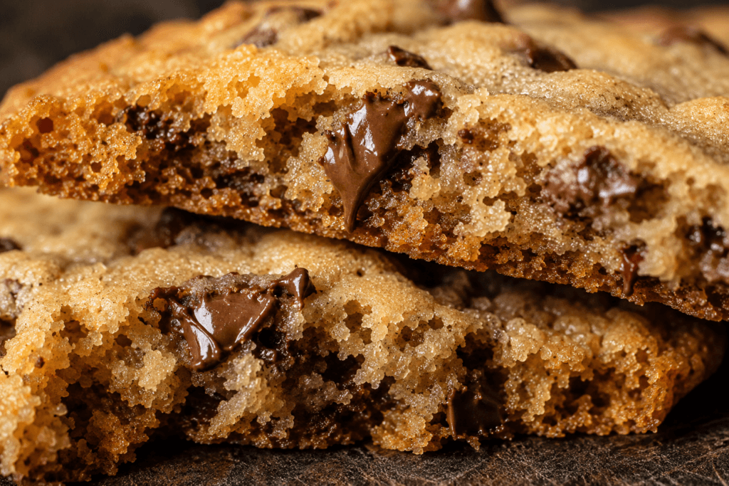 Close up of a crunchy cookie broken in half showing crispy texture