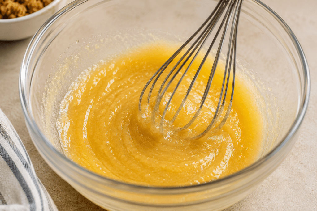 Whisking melted butter and sugar until smooth and glossy