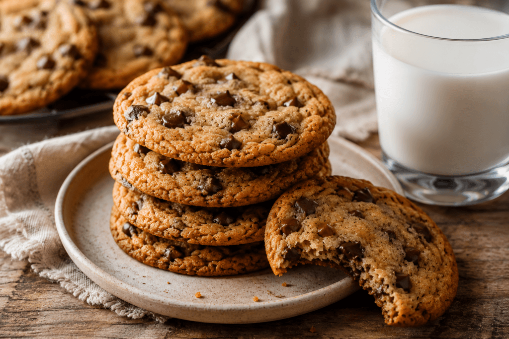 Crispy chocolate chip cookies stacked on a plate with a glass of milk