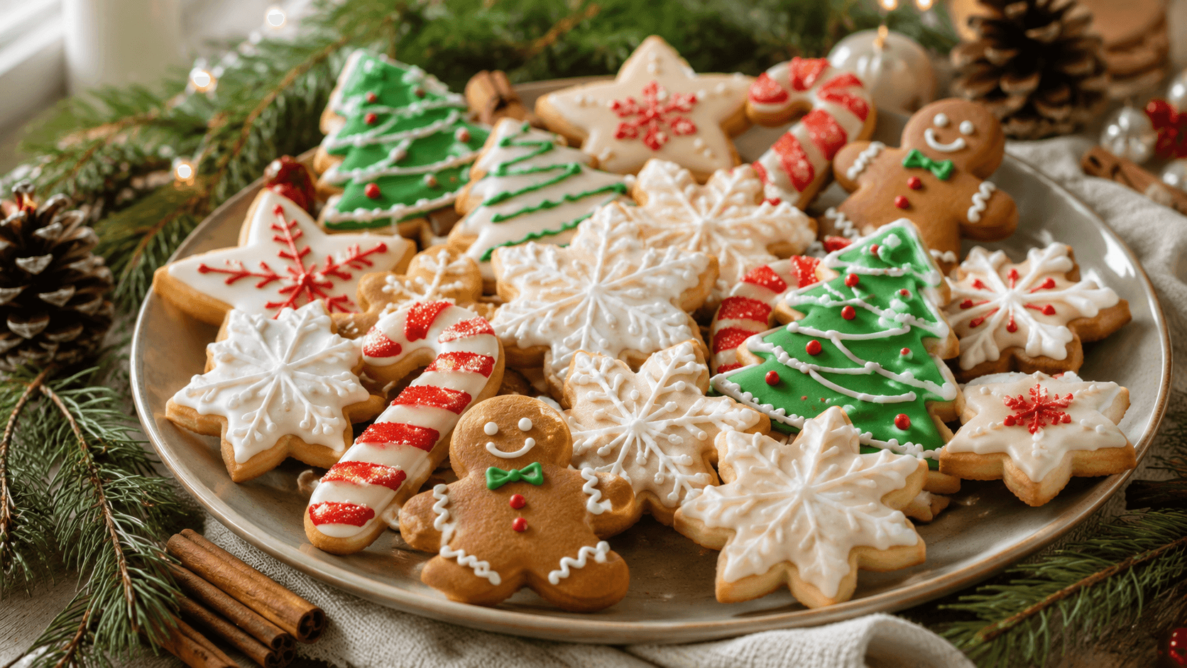 Decorated dairy free Christmas cookies on a festive holiday platter