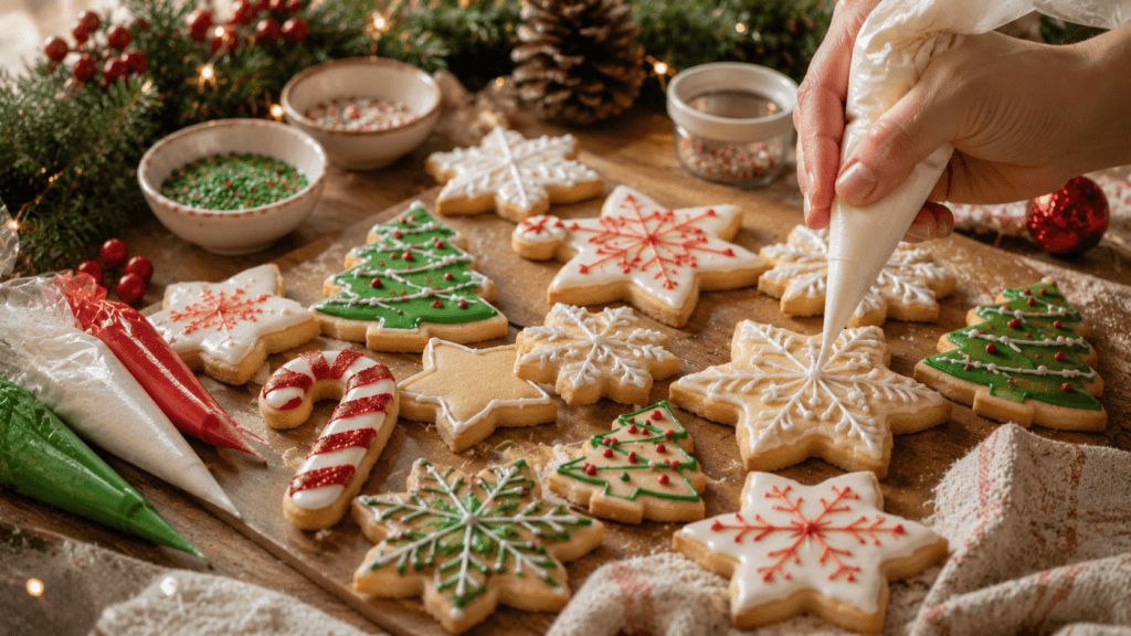Decorating dairy free Christmas cookies with festive icing