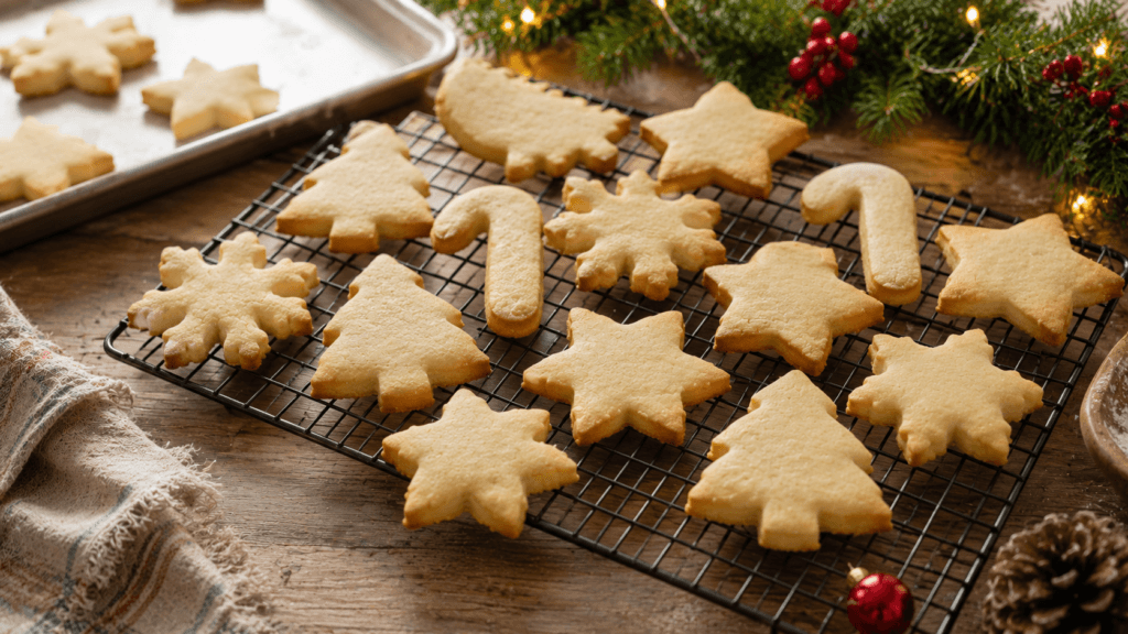 Freshly baked dairy free Christmas cookies cooling on a wire rack