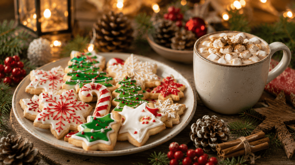 Holiday platter of dairy free Christmas cookies served with hot chocolate
