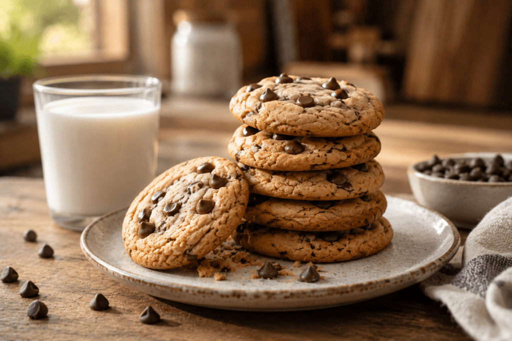 Homemade chocolate chip cookies served on a plate.
