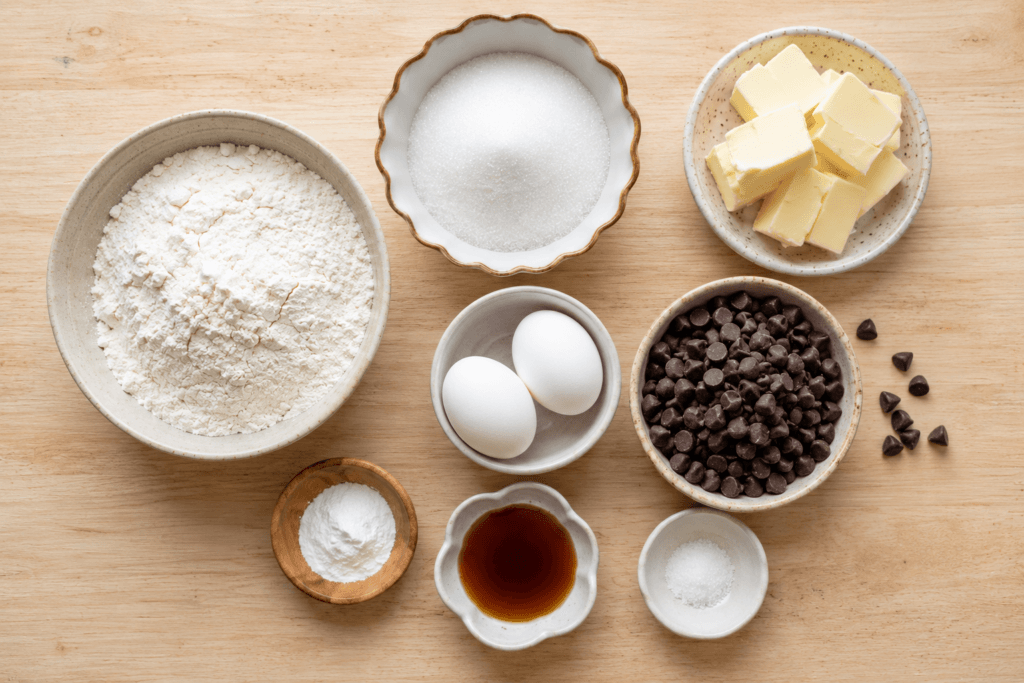 Ingredients needed for chocolate chip cookies without brown sugar.