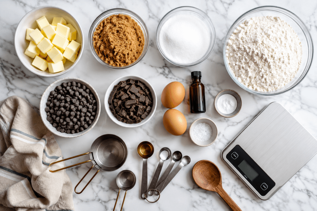 Ingredients for thick chocolate chip cookies arranged on a marble countertop