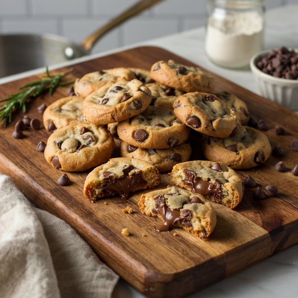 Freshly baked mini chocolate chip cookies on a wooden board