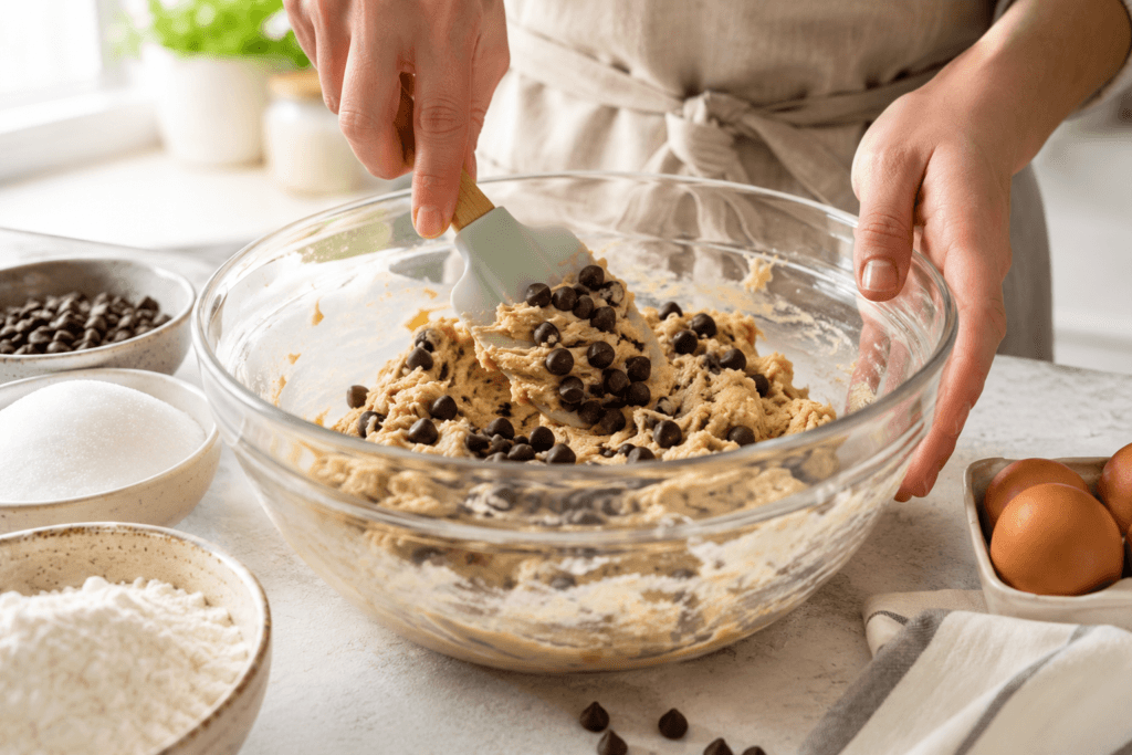Mixing chocolate chip cookie dough using white sugar.