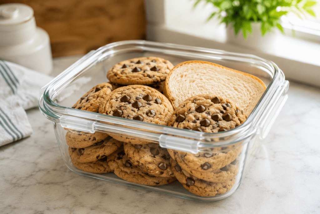 Chocolate chip cookies stored in an airtight container.