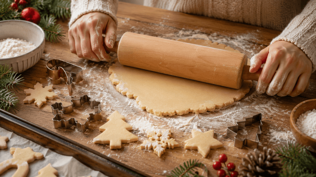 Rolling out dairy free cookie dough with Christmas cookie cutters