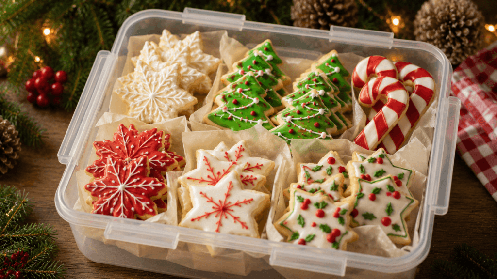 Storing decorated dairy free Christmas cookies in an airtight container