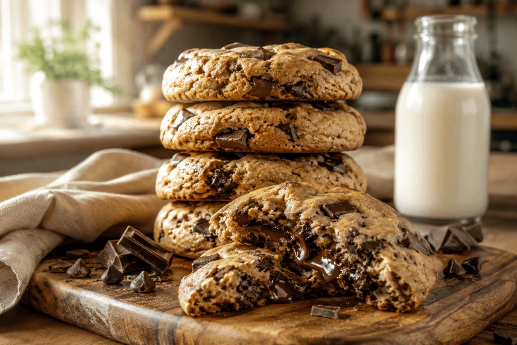Thick chocolate chip cookies with a gooey molten center and crispy golden edges