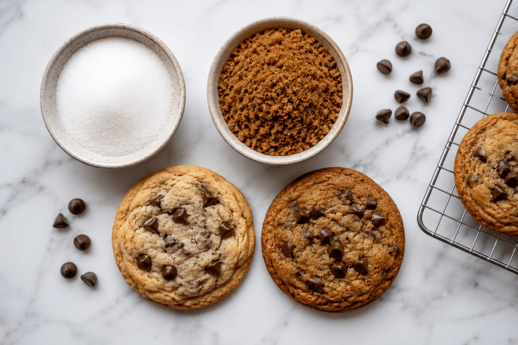 Comparison of cookies baked with white sugar and brown sugar.